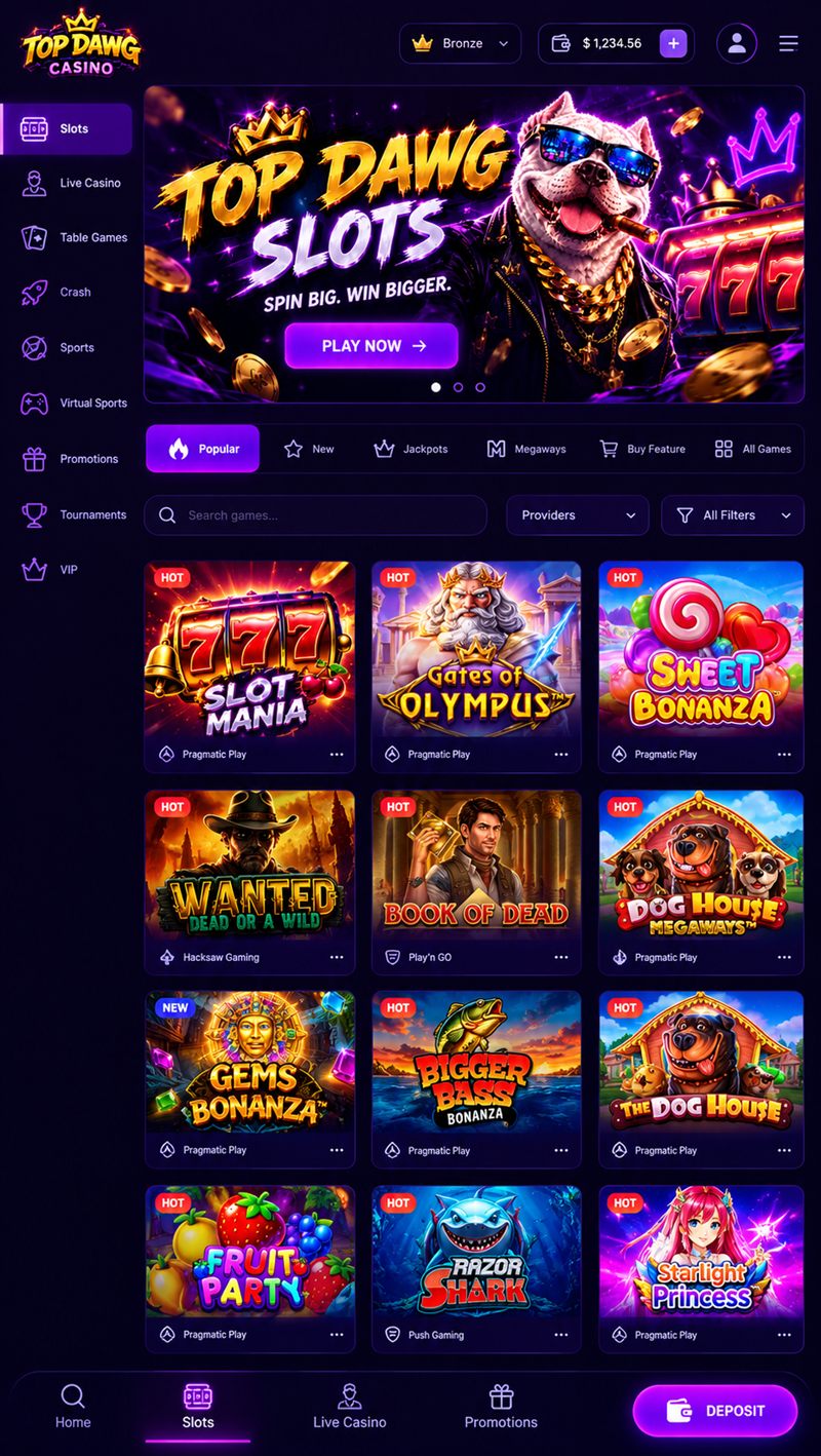Top Dawg Casino slots lobby in the app